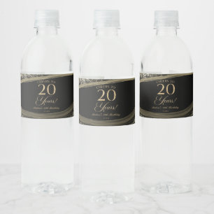 Elegant Black Gold Agate 20th Birthday Party Water Bottle Label