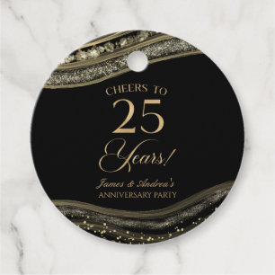 Elegant Black Gold Agate 25th Anniversary Party Favour Tags