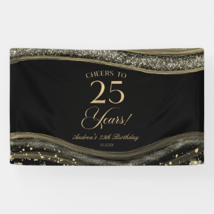 Elegant Black Gold Agate 25th Birthday Party Banner