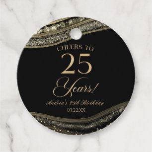 Elegant Black Gold Agate 25th Birthday Party Favour Tags