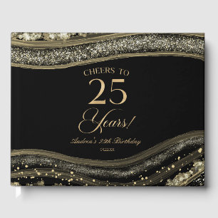 Elegant Black Gold Agate 25th Birthday Party Guest Book