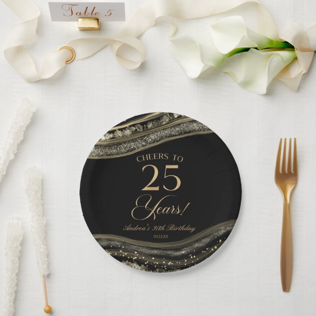 Elegant Black Gold Agate 25th Birthday Party Paper Plate (Wedding)