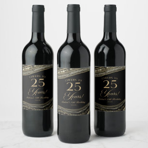 Elegant Black Gold Agate 25th Birthday Party Wine Label