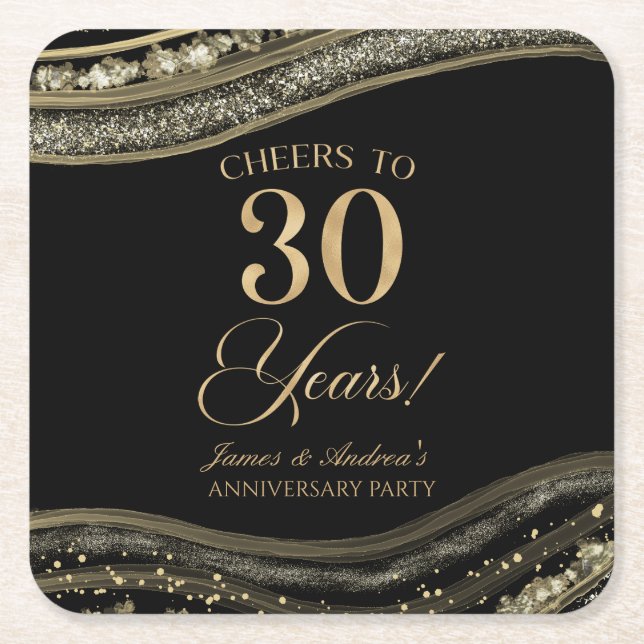 Elegant Black Gold Agate 30th Anniversary Party Square Paper Coaster (Front)