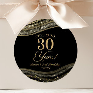 Elegant Black Gold Agate 30th Birthday Party Classic Round Sticker