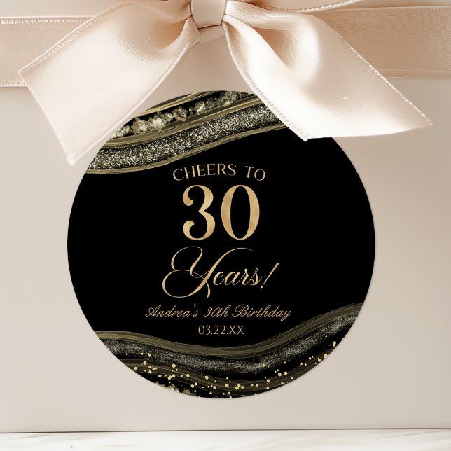 Elegant Black Gold Agate 30th Birthday Party Classic Round Sticker (Creator Uploaded)