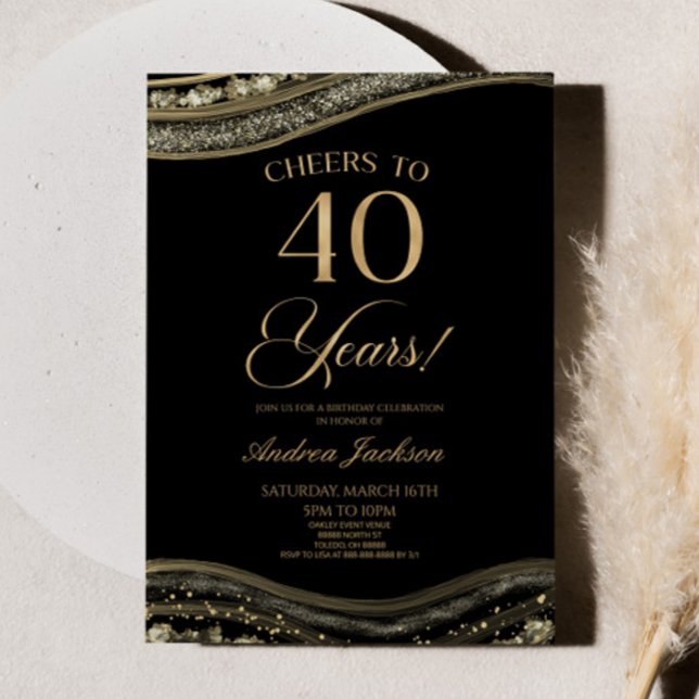 Elegant Black Gold Agate 40th Birthday Party Invitation (Creator Uploaded)