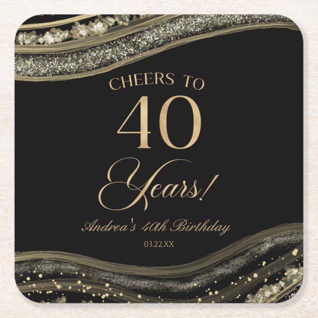 Elegant Black Gold Agate 40th Birthday Party Square Paper Coaster (Front)