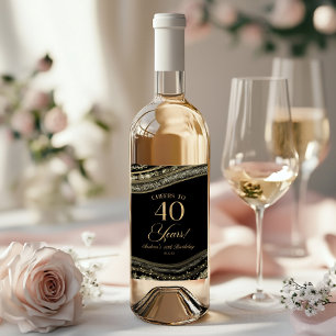 Elegant Black Gold Agate 40th Birthday Party Wine Label