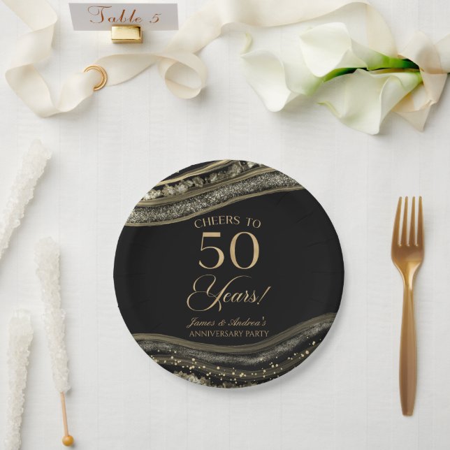 Elegant Black Gold Agate 50th Anniversary Party Paper Plate (Wedding)