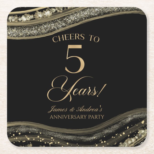 Elegant Black Gold Agate 5th Anniversary Party Square Paper Coaster (Front)