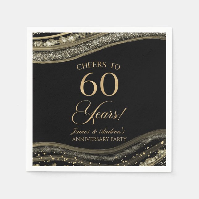 Elegant Black Gold Agate 60th Anniversary Party Napkin (Front)