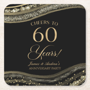 Elegant Black Gold Agate 60th Anniversary Party Square Paper Coaster