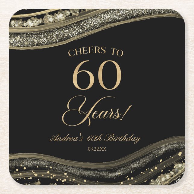 Elegant Black Gold Agate 60th Birthday Party Square Paper Coaster (Front)