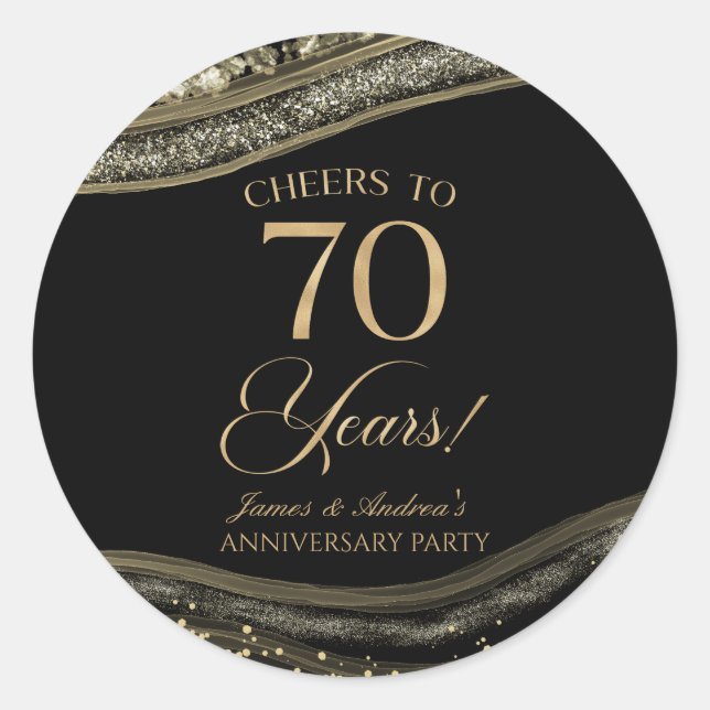 Elegant Black Gold Agate 70th Anniversary Party Classic Round Sticker (Front)