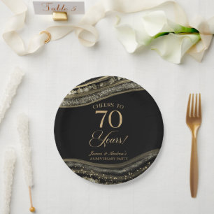 Elegant Black Gold Agate 70th Anniversary Party Paper Plate