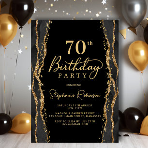 Elegant Black Gold Agate 70th Birthday Invitation