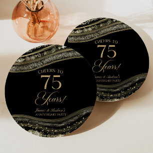 Elegant Black Gold Agate 75th Anniversary Party Paper Plate