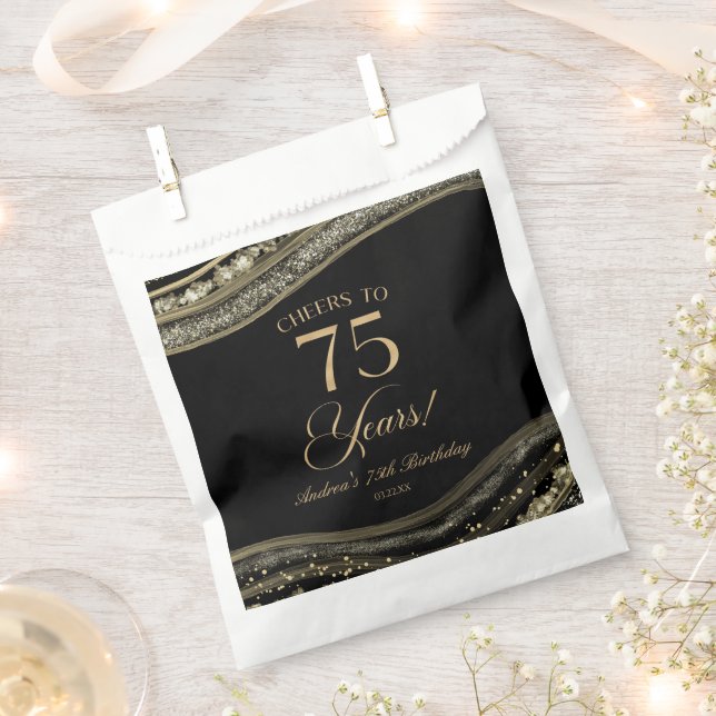 Elegant Black Gold Agate 75th Birthday Party Favour Bag (Clipped)