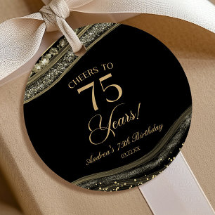 Elegant Black Gold Agate 75th Birthday Party Favour Tags