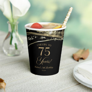Elegant Black Gold Agate 75th Birthday Party Paper Cups
