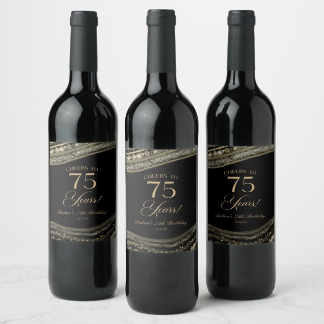 Elegant Black Gold Agate 75th Birthday Party Wine Label (Bottles)
