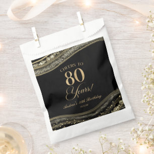 Elegant Black Gold Agate 80th Birthday Party Favour Bag