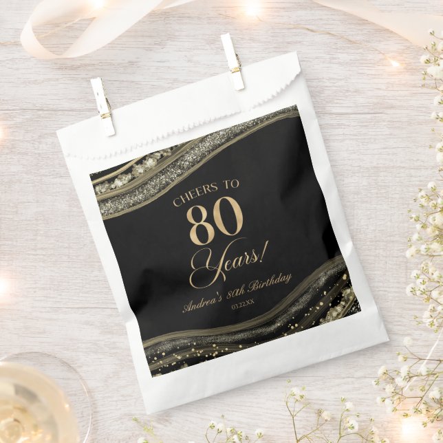 Elegant Black Gold Agate 80th Birthday Party Favour Bag (Clipped)