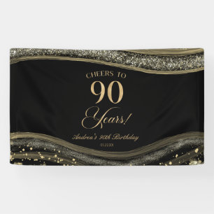 Elegant Black Gold Agate 90th Birthday Party Banner