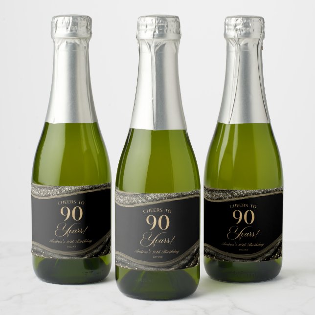 Elegant Black Gold Agate 90th Birthday Party Sparkling Wine Label (Bottles)