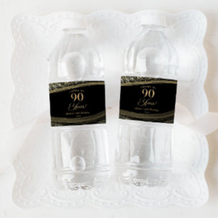 Elegant Black Gold Agate 90th Birthday Party Water Bottle Label