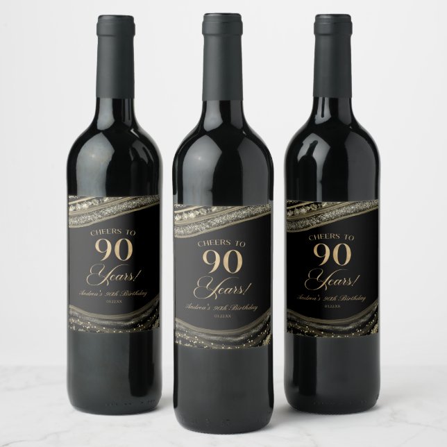 Elegant Black Gold Agate 90th Birthday Party Wine Label (Bottles)