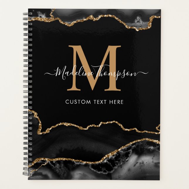 Elegant Black Gold Agate Geode Script Monogram Planner (Front)
