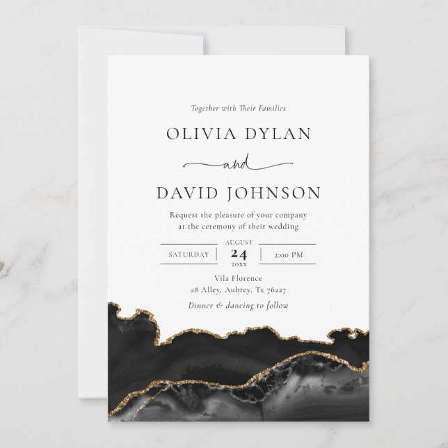 Elegant Black Gold Agate Geode Wedding Invitation (Front)