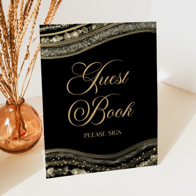 Elegant Black Gold Agate Guest Book Sign (Creator Uploaded)