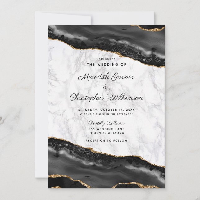 Elegant Black Gold Agate Marble Wedding Invitation (Front)