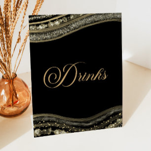 Elegant Black Gold Agate Party Drinks Pedestal Sign