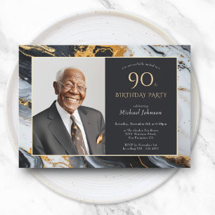 Elegant Black Gold Agate Photo 90th Birthday Invitation