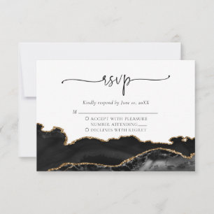 Elégant Black Gold Agate Wedding Carte RSVP