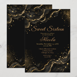 Elegant Black Gold Alcohol Ink Sweet Sixteen Invitation