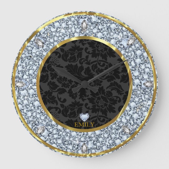 Elegant Black Gold And Sparkling Diamonds Pattern Large Clock (Front)