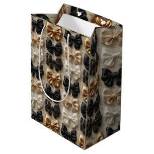 Elegant Black Gold and White Satin Bow Pattern Medium Gift Bag