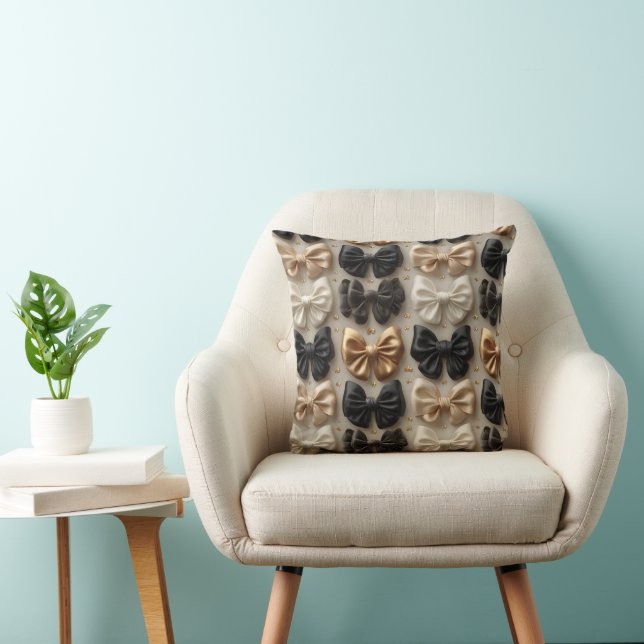 Elegant Black Gold and White Satin Bow Pattern Throw Pillow (Chair)