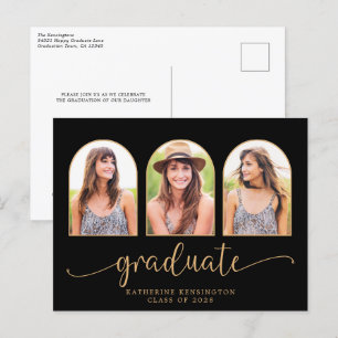 Elegant Black Gold Arch 3 Photo Graduation Announcement Postcard