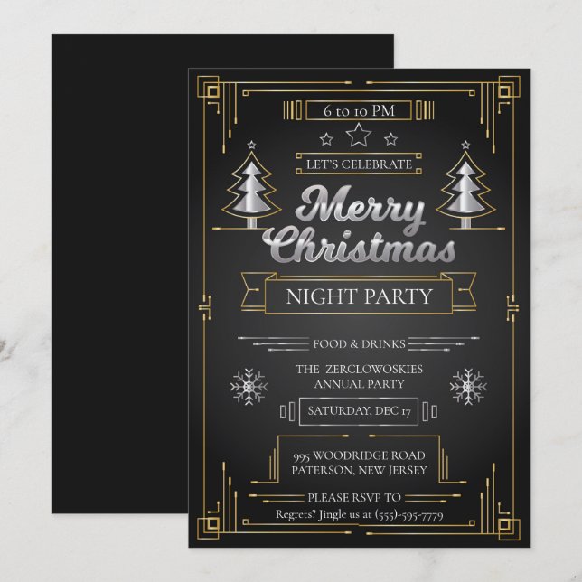 Elegant Black & Gold Art Deco Christmas Party Invitation (Front/Back)