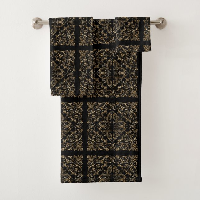 Elegant Black Gold Art Deco Design Bath Towel Set (Insitu)