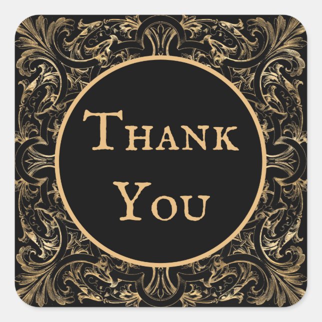 Elegant Black Gold Art Deco Design Thank You Square Sticker (Front)