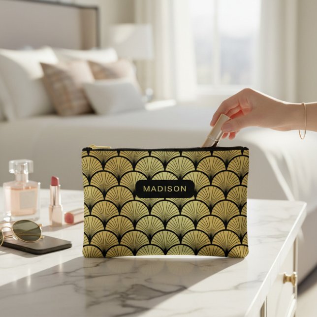 Elegant Black Gold Art Deco Pattern Personalized Accessory Pouch (Creator Uploaded)