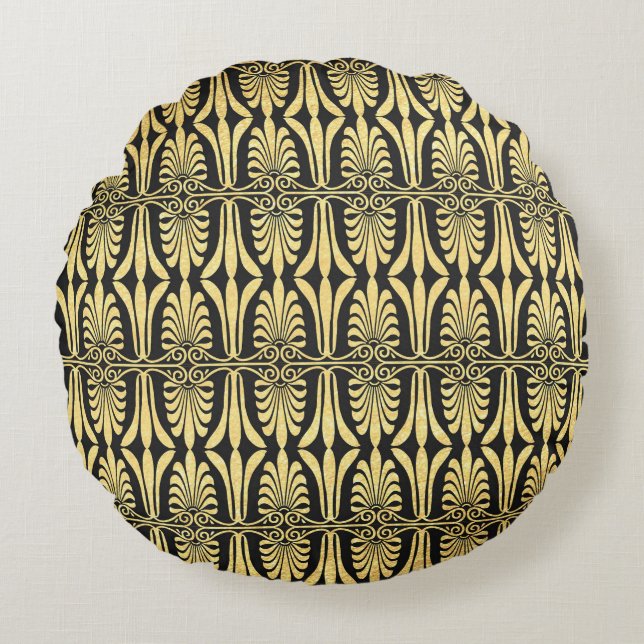 Elegant black gold art deco round throw pillow (Front)