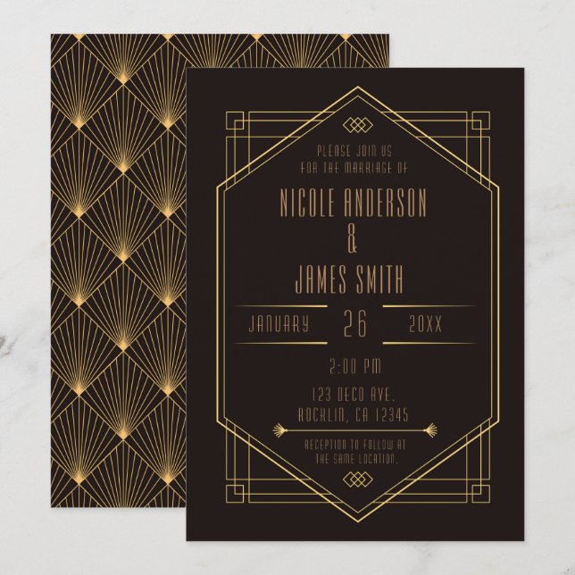 Elegant Black Gold Art Deco Wedding Marriage Invitation (Front/Back)